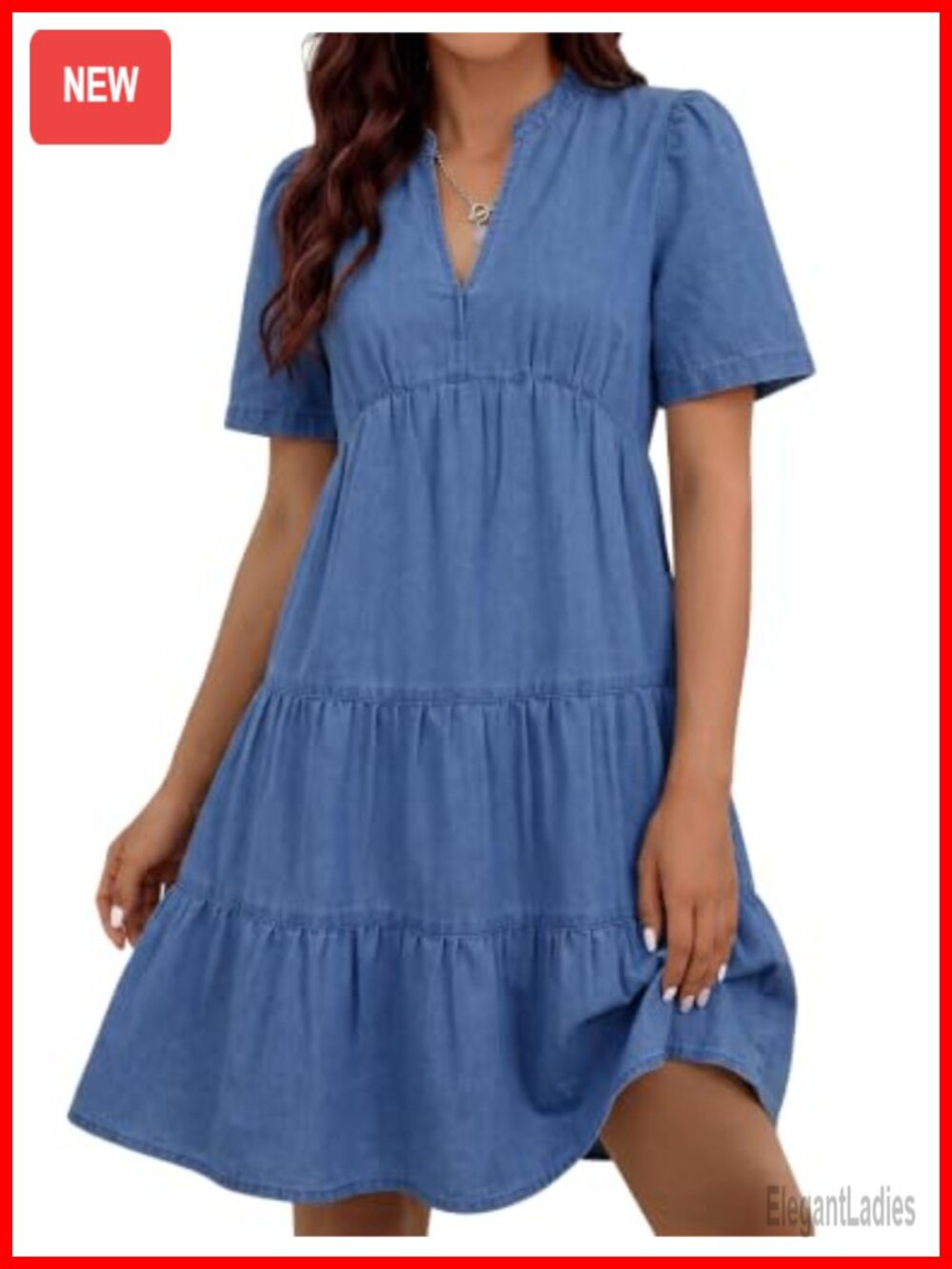 Womens Denim Mini Dress V-Neck Short Sleeve A-Line Summer Casual